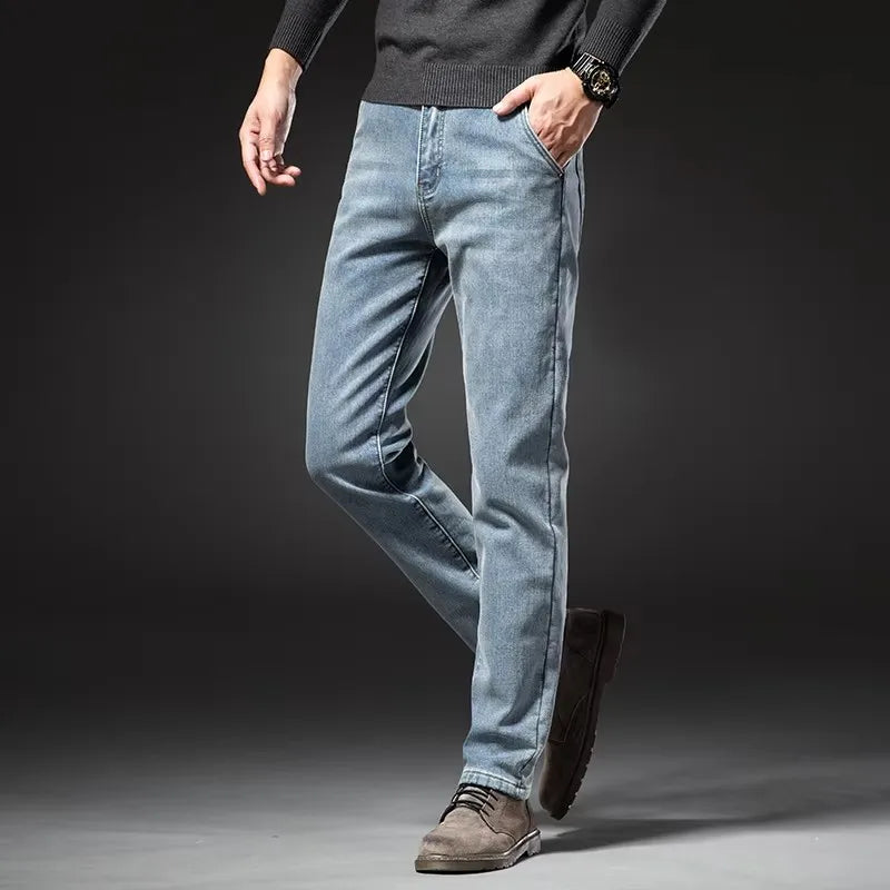 Winter Fleecy Thickened Warm Jeans Vintage Brand Classic Retro Youth Fashion Men Fit Straight Leg Casual Stretch Denim Pants - Matrix Studios