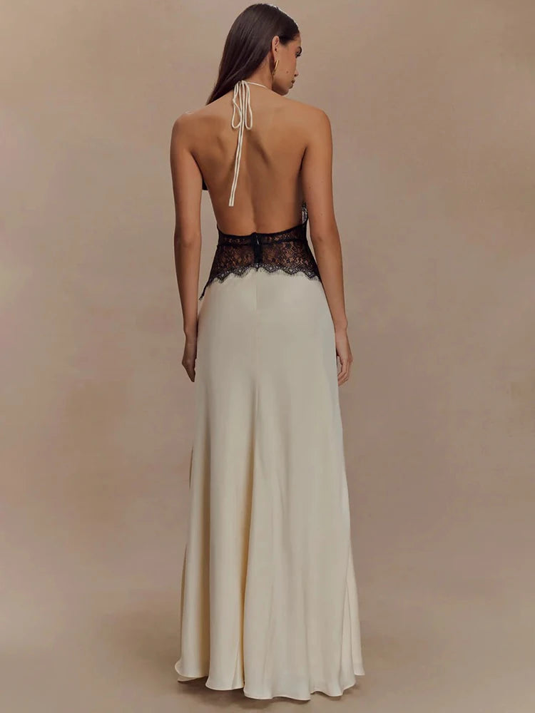 Mozision Summer Backless Sexy Maxi Dress Women Gown Patchwork Lace Halter Deep V Neck Sleeveless High Waist Elegant Long Dress - Matrix-studios.com