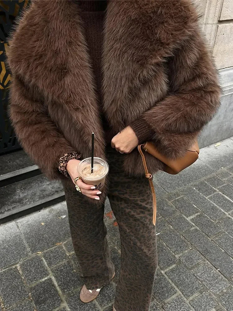 Brown Fluffy Fur Jacket Women's Casual Lapel Loose Long Sleeves Thicken Warm Short Coat 2025 Winter New Lady Commute Streetwear - Matrix Studios