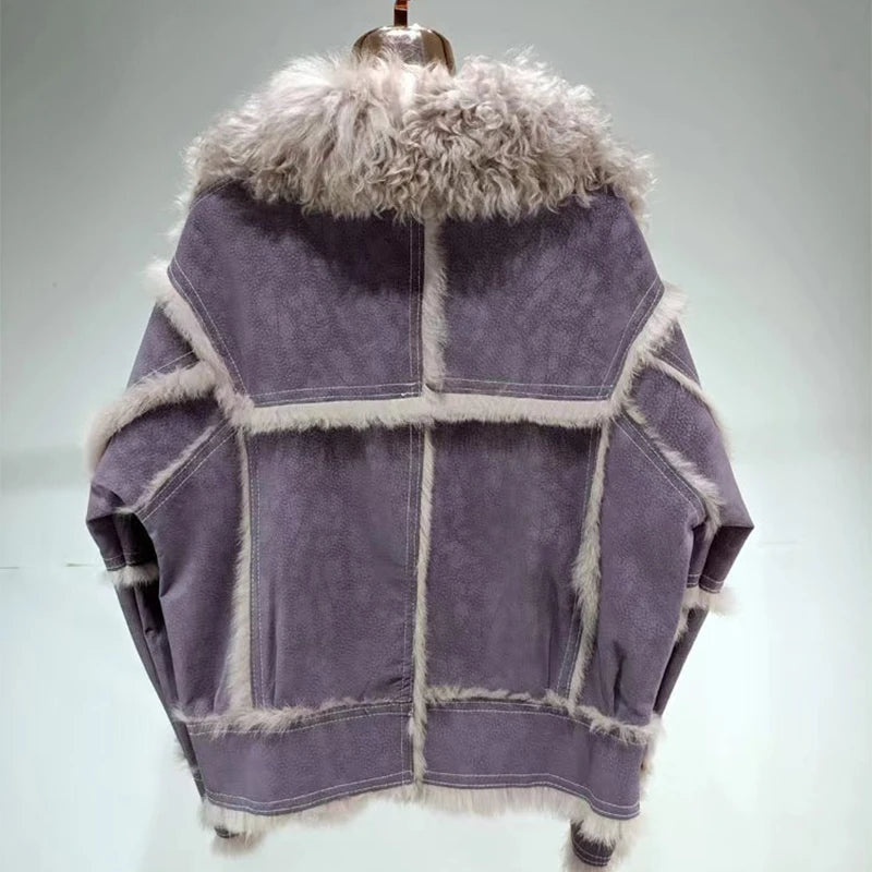 2024 Autumn Short Style Fur Women Sheepskin Jacket Tanned Suede Fabric With 100%Natural Rabbit Lining Luxury Fashion Coat - Matrix Studios