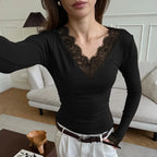 Tornova V neck Lace T shirt Top Women Sexy Navel Exposed Pullover Fashion Splice Hot Girl Club Party Top Autumn New Lady T shirt - Matrix-studios.com