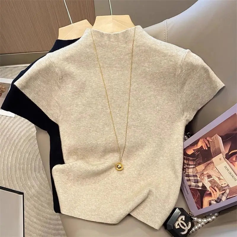 Basic Turtleneck Solid Thin Summer 2026 Pullover Women Female Knitted Sweater Slim Short Sleeve Bodycon Sweater - Matrix Studios