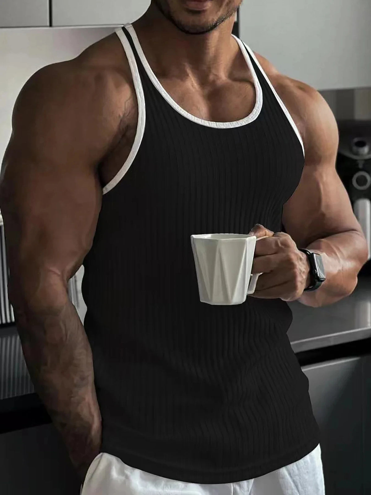 Men's quick drying elastic fitness clothes gym runningslim fit vertical stripessleeveless fashion summer new style - Matrix Studios
