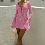 Fashionable Knitted Bikini Cover-Up Dress, Sexy Slim-Fitting Hollow Out Texture Short Dress, Spring & Fall Vacation Style - Matrix Studios