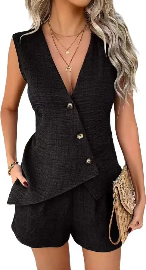 Women Summer Beach Dress Set Solid Color Sleeveless V-Neck Drawstring Short Dress Plus Size 2XL-5XL Casual Vacation Sundresses