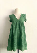 New summer women's fashionable temperament, casual and sexy commuting solid color lace jacquard hollow V-neck dress - Matrix-studios.com