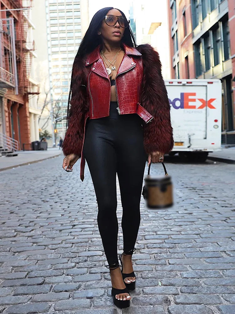 Patchwork Fur Leather Short Jacket Woman Lapel Zipper Belt Long Sleeve Straight Street Coat Casual Versatile Women's New Jackets - Matrix Studios