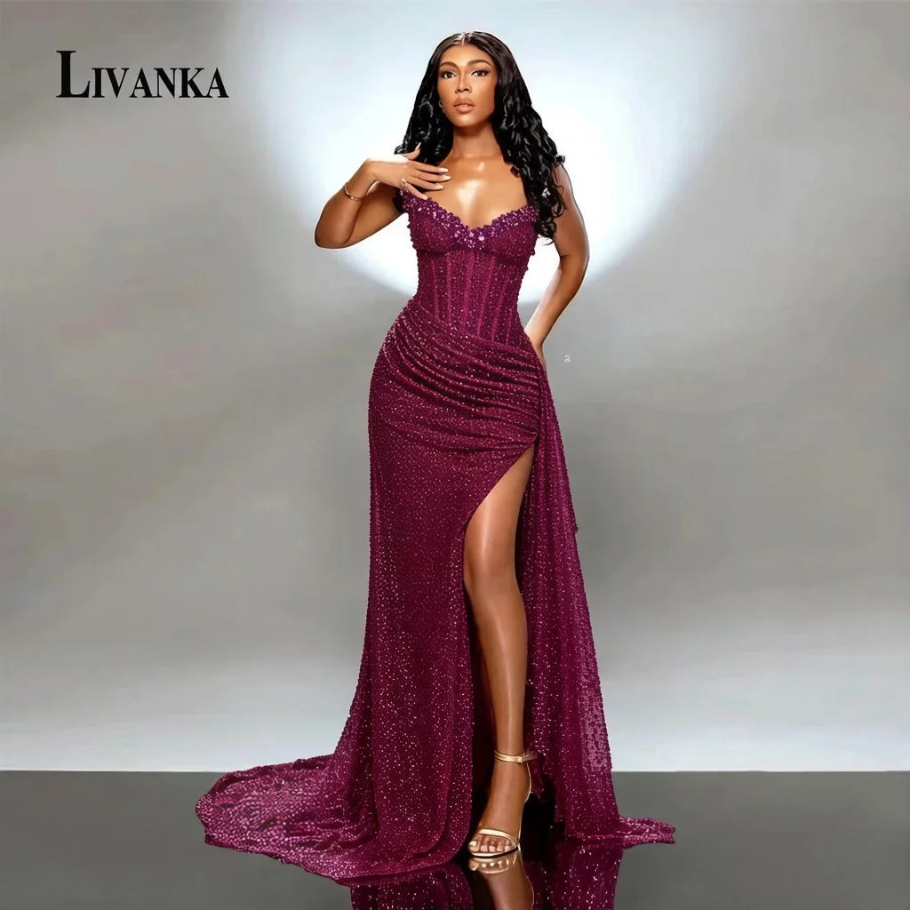 LIVANKA Sweetheart Neck Mermaid Evening Dresses Side High Split Floor-Length Prom Dresses Beading Customized Vestidos De Fiesta - Matrix Studios