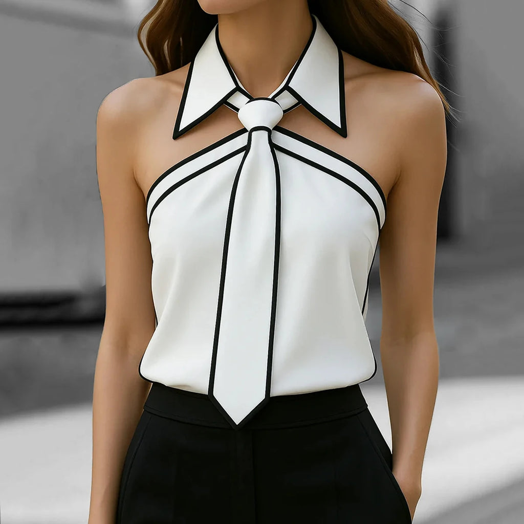 2026 Women Shirt Tie Neck Strap Necktie Lapel Design Loose Long Sleeve Blouses Blusas Mujer Moda Contrast Binding Shirt - Matrix-studios.com