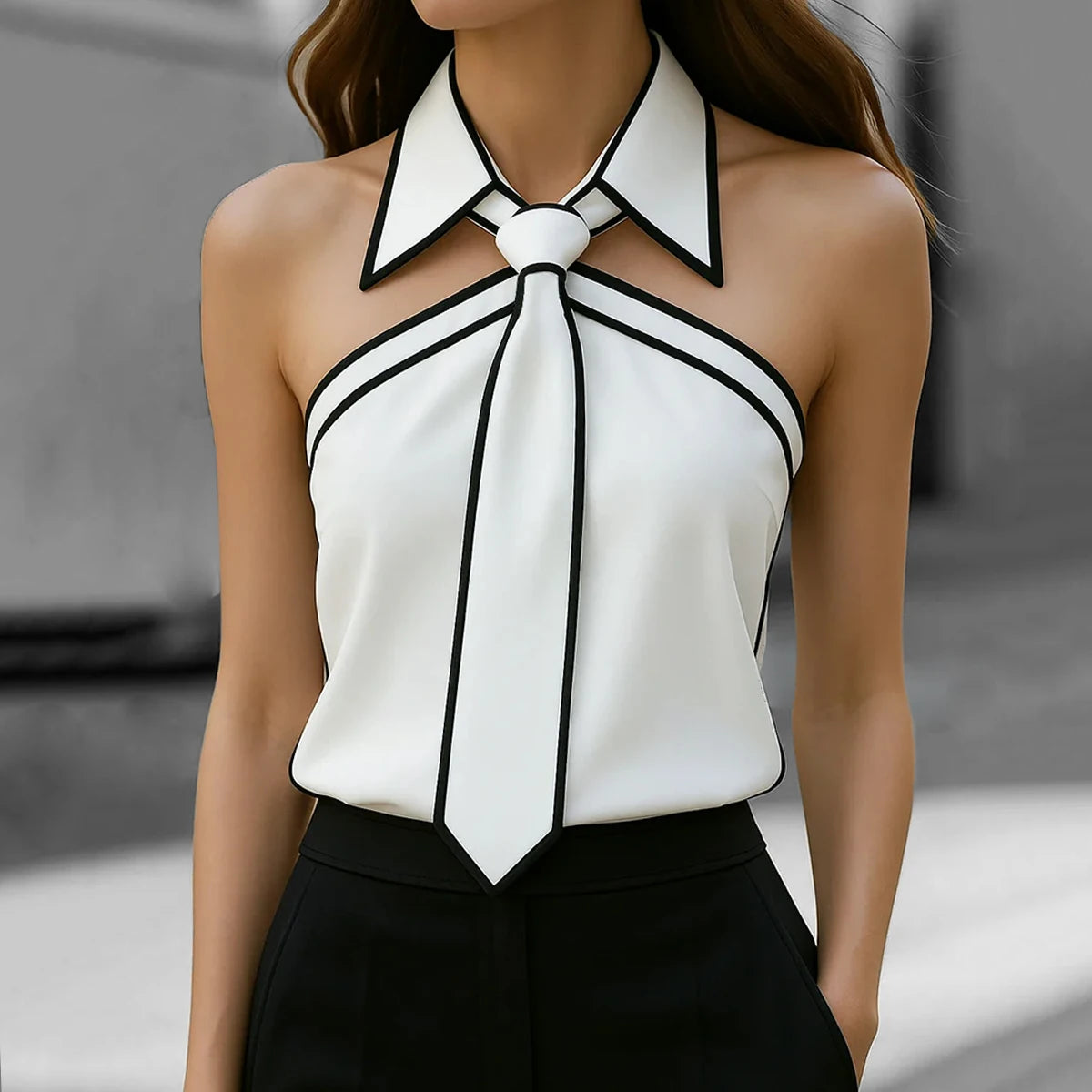 2026 Women Shirt Tie Neck Strap Necktie Lapel Design Loose Long Sleeve Blouses Blusas Mujer Moda Contrast Binding Shirt - Matrix-studios.com