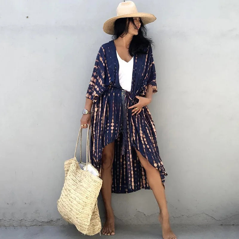 Beach Cover Ups for Swimwear Women Black Tie Dye Kimono Swimsuit Cape Summer Dress 2022 Beachwear Outfits Sales - Matrix Studios
