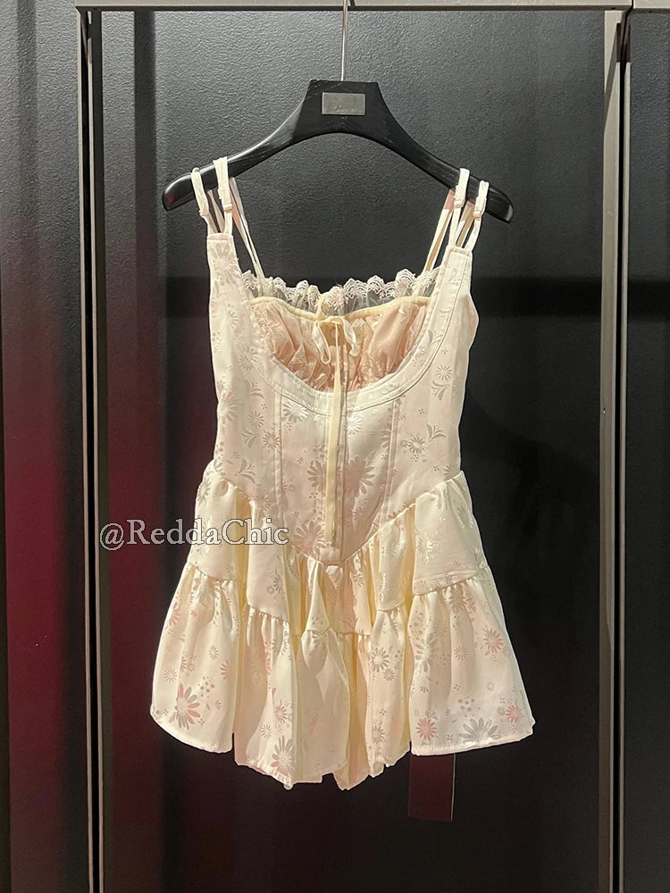 REDDACHiC Floral Satin Women Rompers Stitch Lace Corset Square Neck Buttoned Camisole Mini Dress Pretty Elegant Summer Clothes - Matrix Studios