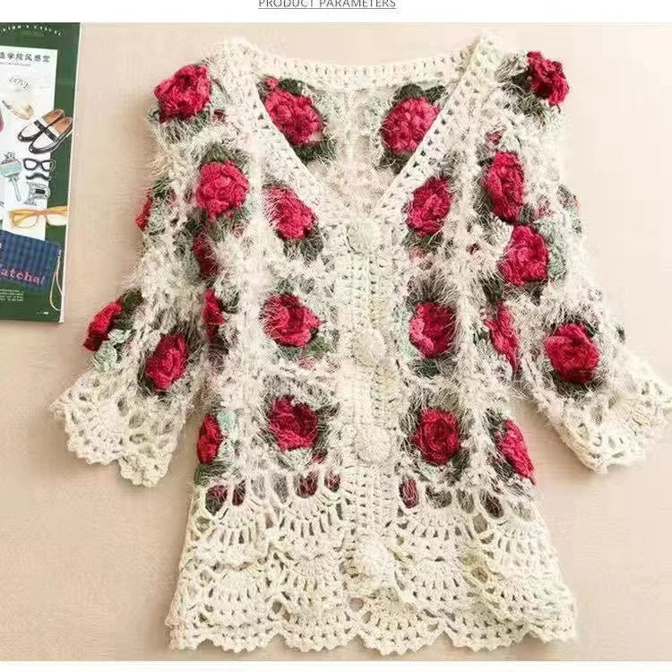 Three-Dimensional Flower Openwork Crocheted Sweater Cardigan Women's Spring And Autumn New Heavy Industry Joker Sweater 3XL Coat - Matrix Studios