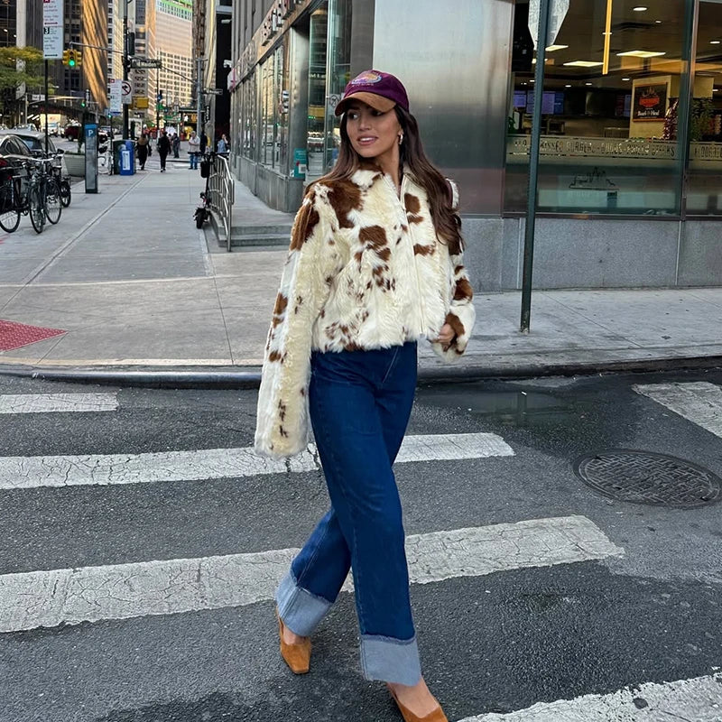 Neo Mint Chic Street Girls Cow Print Fur Coat Women 2025 Winter New Brand Fashion Warm Faux Fur Jacket Autumn Iconic Streetwear - Matrix Studios