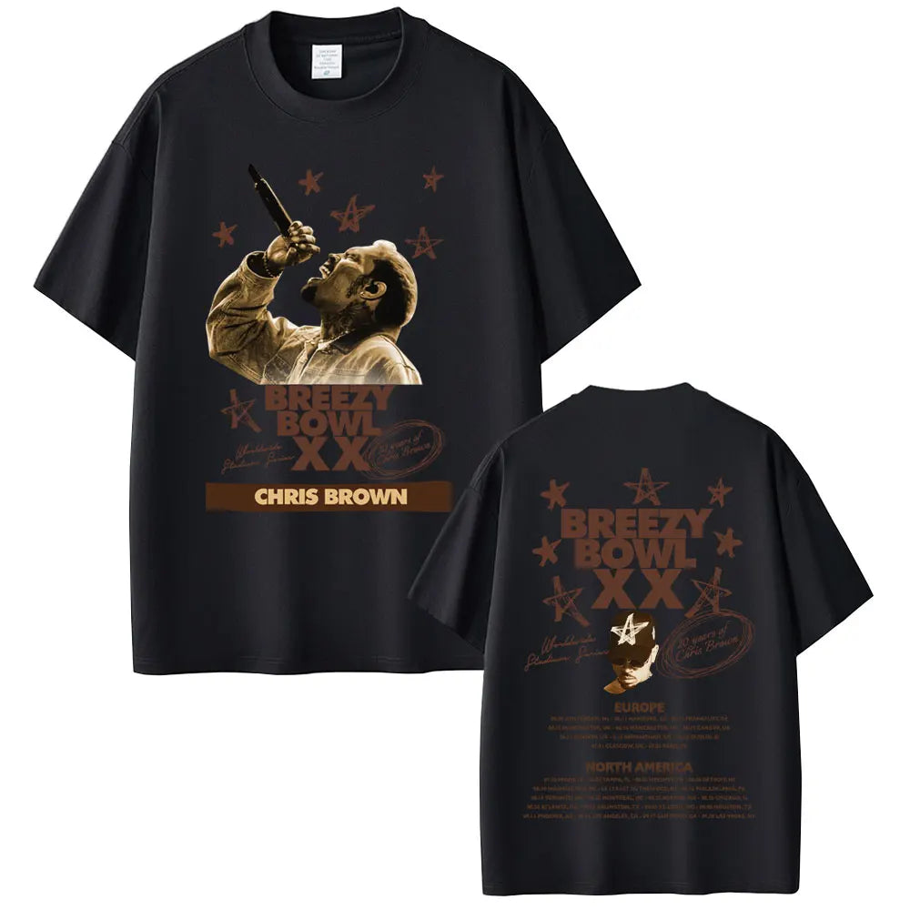 Rapper Chris Brown Breezy Bowl XX Tour 2025 T-shirt Men Women Hip Hop Fashion Pop Music  T Shirts Casual Cotton Vintage T-shirts
