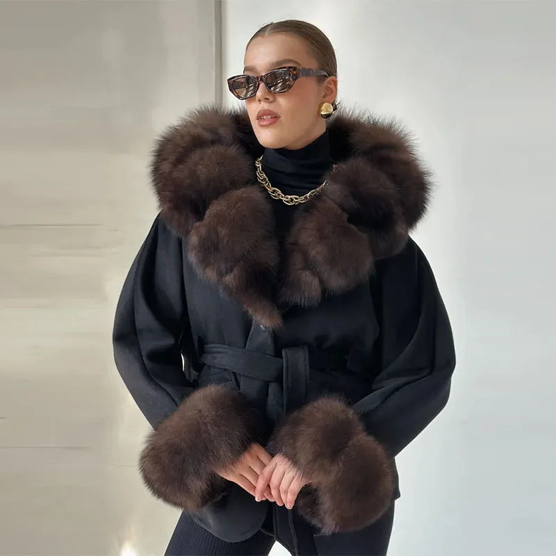 Elegant PU Fur Patchwork Jacket Women Loose Detachable Collar Lapel Double Breasted Jackets Female Fashion Winter Warm Outwear - Matrix Studios