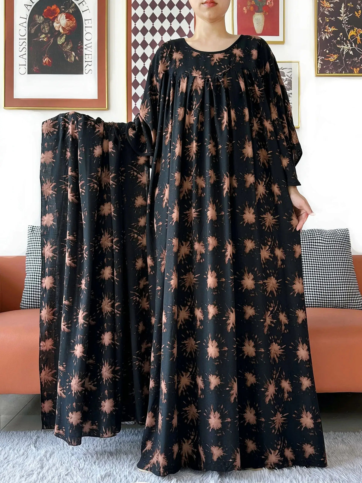 2025 New Loose Floral Dress Short Sleeve Cotton Women Abaya with Big Scarf Boho Maxi Dress Casual Fashion Dress African Vestidos - Matrix-studios.com