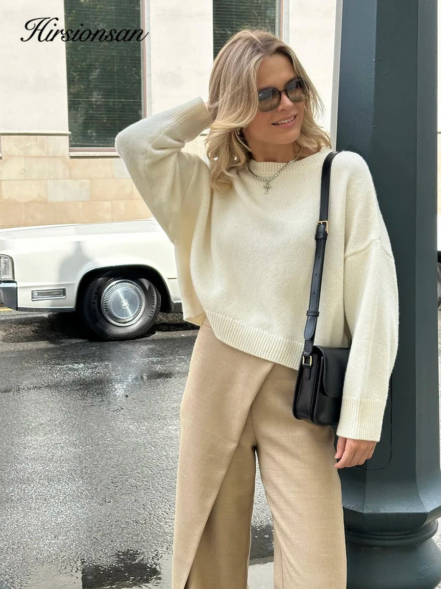 Hirsionsan Basic O Neck Basic Sleeve Sweater Women 2025 Oversized Short Knitted Pullovers Female Casual Thick Warm Soft Tops - Matrix Studios