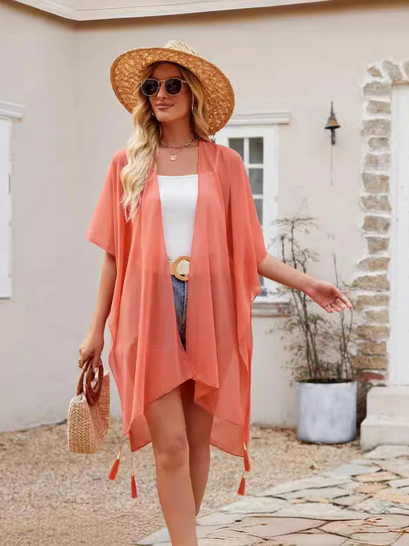 Simple Pure Color Chiffon Beach Bikini Cover Ups Swimwear Women Summer Sun Protection Cardigan Leisure Travel Cape Long - Matrix Studios