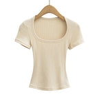 Summer square neck high elasticity crop top women's short sleeved sexy top slim fit pullover base shirt - Matrix-studios.com