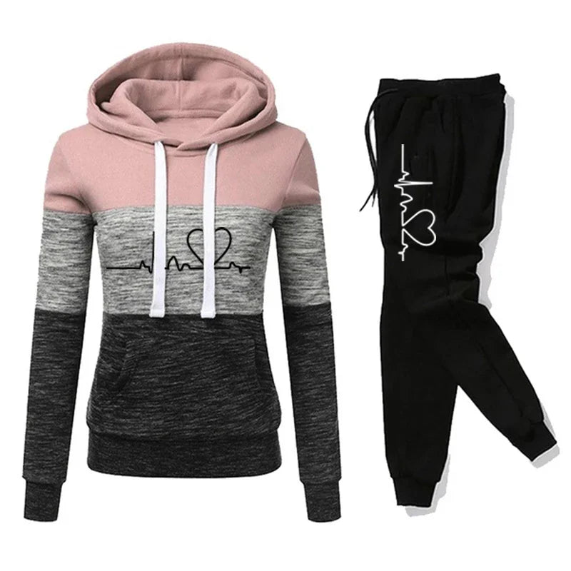 Women Tracksuit Printing Hooded Sweatshirt Sweatpant Color Block Versatile Casual Jogging Pullovers Sport Trousers Outfits S-3XL - Matrix-studios.com