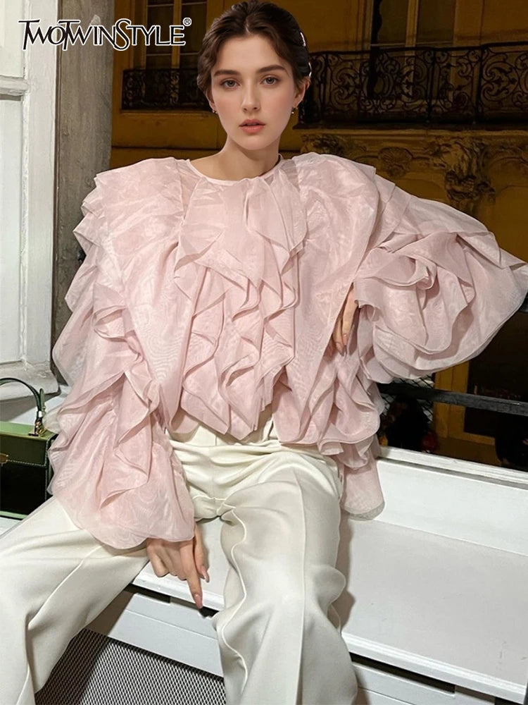 TWOTWINSTYLE Elegant Patchwork Ruffles Chiffon Blouses Women O Neck Lantern Long Sleeve Loose Shirt Female Clothing Fashion - Matrix-studios.com