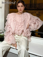 TWOTWINSTYLE Elegant Patchwork Ruffles Chiffon Blouses Women O Neck Lantern Long Sleeve Loose Shirt Female Clothing Fashion - Matrix-studios.com