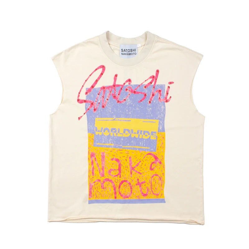 Men's Women's Clothing Satoshi Tank Top High Street Trend Brand Graphic Print Loose Cut Off Vest Best Quality Cotton T Shirt - Matrix-studios.com