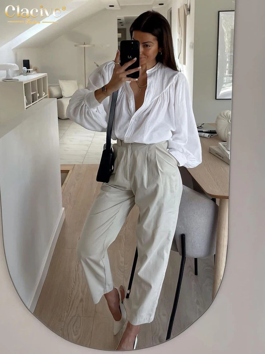 Clacive Casual Loose White Cotton Women's Blouse 2025 Fashion Stand Collar Long Sleeve Shirt Elegant Classic Solid Top Female - Matrix-studios.com