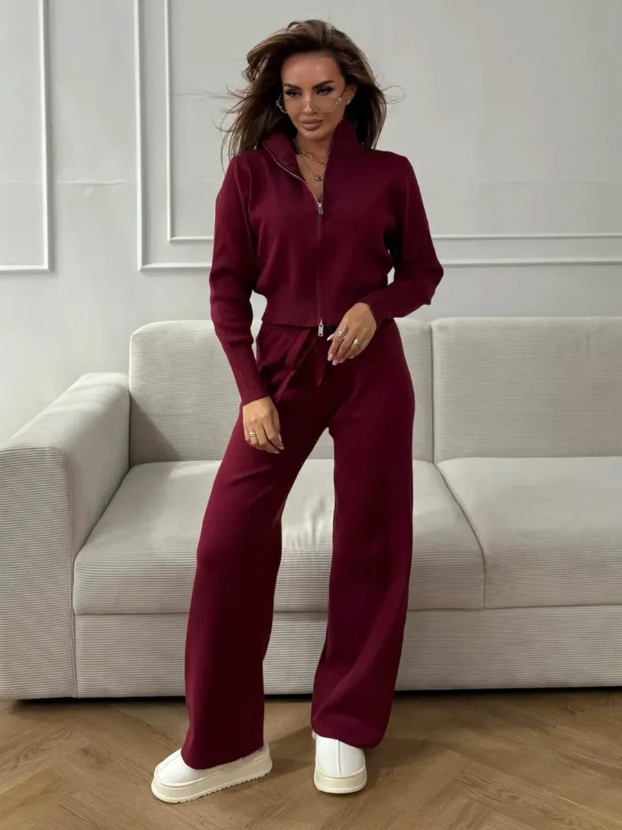 Wolfeel  New Autumn Winter Zip Up Knit Pants Set Women's Trendy Slim Fit Cardigan Pants Chic Commuting Sweater Outfit - Matrix-studios.com