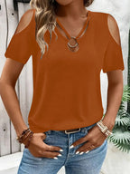 2025 New Summer Fashion Women's Blouses Hollow Out Short Sleeve Shirts Casual Off Shoulder Cross V-Neck Solid Colors Female Tops - Matrix-studios.com