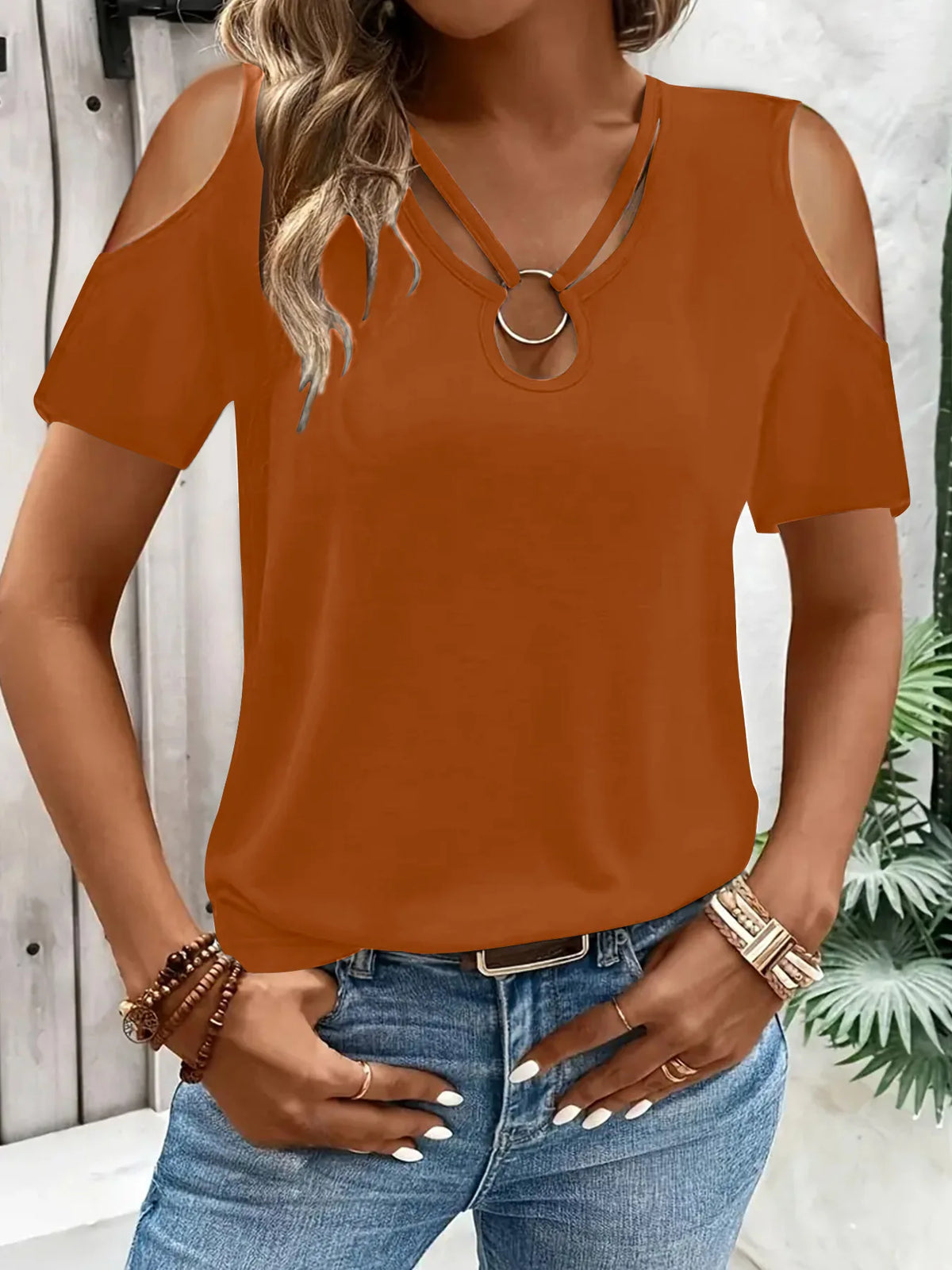2025 New Summer Fashion Women's Blouses Hollow Out Short Sleeve Shirts Casual Off Shoulder Cross V-Neck Solid Colors Female Tops - Matrix-studios.com