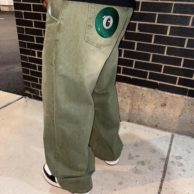 Y2K Street Matcha Denim Jeans Pocket Green 6 Ball Embroidery Denim Pants London High Street Trend Streetwear Unisex Baggy Jeans - Matrix Studios