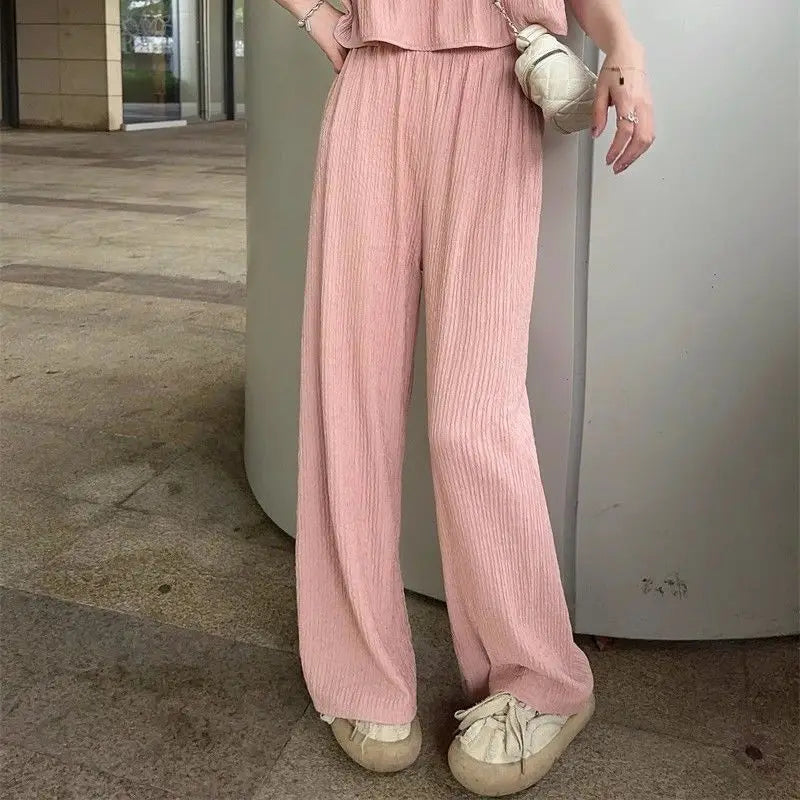 Faionable round Ne Svel Top High Waist Straight Leg Pants Women's Summer New Sle Korean Version Two-Piece Set - Matrix-studios.com