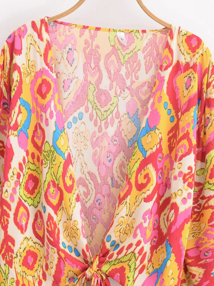 Boho Vintage Floral Print Beach Summer Short Kimono Women 2025 Fashion Ruffles Flare Sleeves Vacation Bohemian Bikini Cover-ups - Matrix Studios