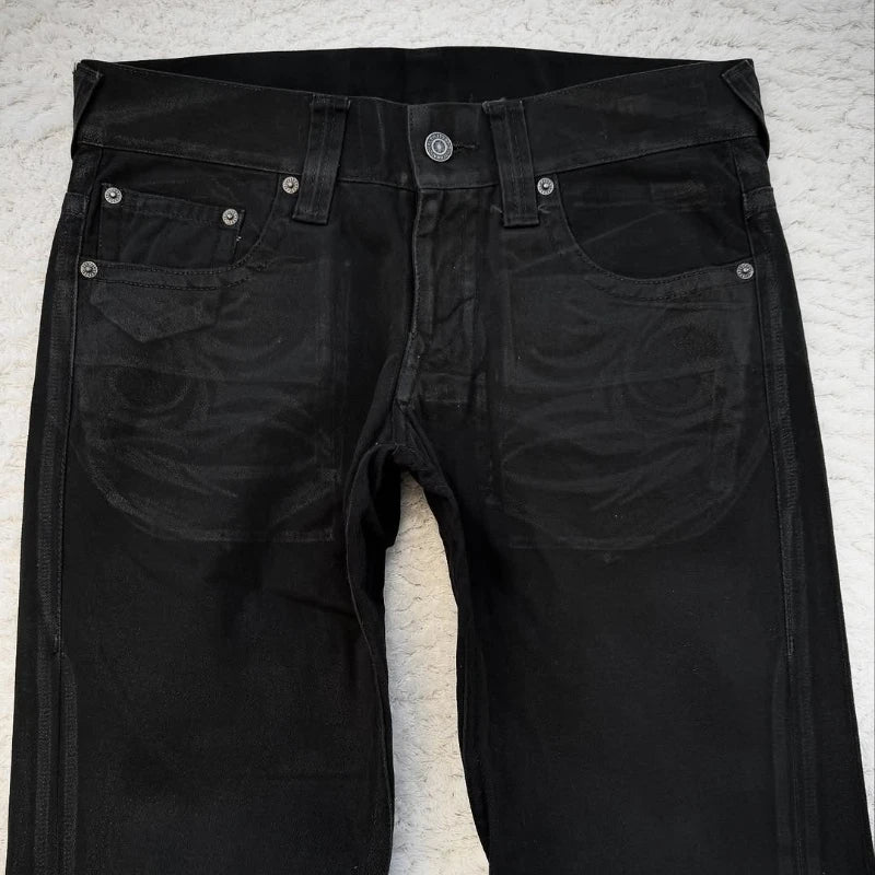 Vintage X Ray Waxing Tribal Embroidery Men's Flared Jeans Gothic High Street Unisex Punk Slim Fit Jeans Y2K Baggy Flared Jeans - Matrix Studios