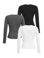 Women's solid-color long-sleeved T-shirt - Polyester knitted fabric, round neck, regular fit, fall-winter style - Matrix-studios.com