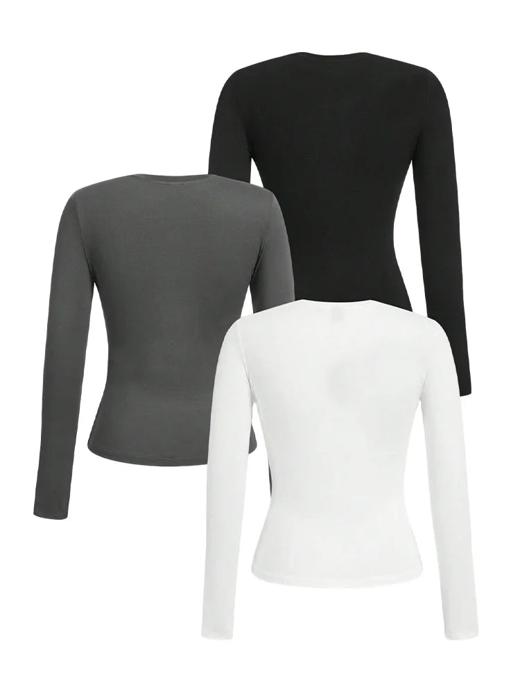 Women's solid-color long-sleeved T-shirt - Polyester knitted fabric, round neck, regular fit, fall-winter style - Matrix-studios.com