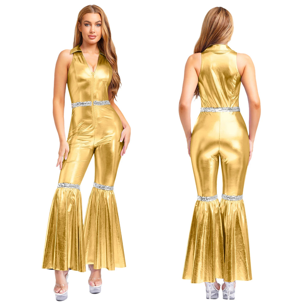 Women Vintage One Piece 70s Disco Dance Rompers Sleeveless Metallic Bell Bottom Flared Pants Jumpsuit for Retro Party Jazz Dance - Matrix Studios