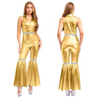 Women Vintage One Piece 70s Disco Dance Rompers Sleeveless Metallic Bell Bottom Flared Pants Jumpsuit for Retro Party Jazz Dance - Matrix Studios