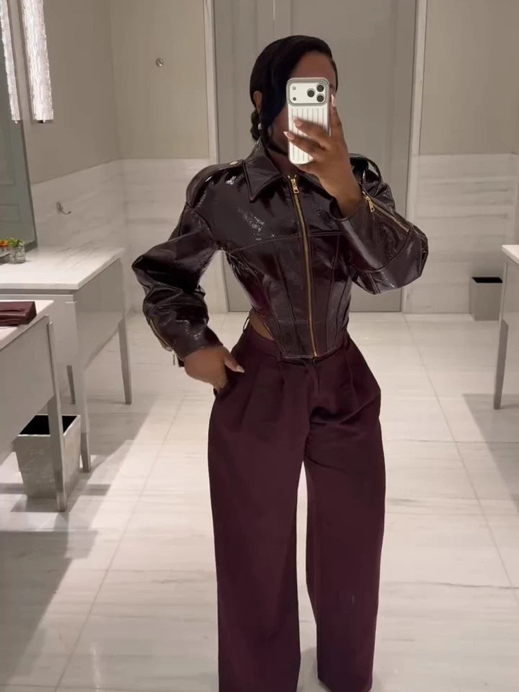 Women Retro Cinched-waist Coated Leather Jacket Casual Lapel Full Sleeve Zipper Fishbone Coats 2026 Lady Daily High Street Coat - Matrix Studios