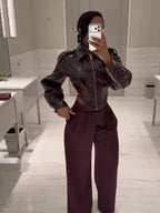 Women Retro Cinched-waist Coated Leather Jacket Casual Lapel Full Sleeve Zipper Fishbone Coats 2026 Lady Daily High Street Coat - Matrix Studios