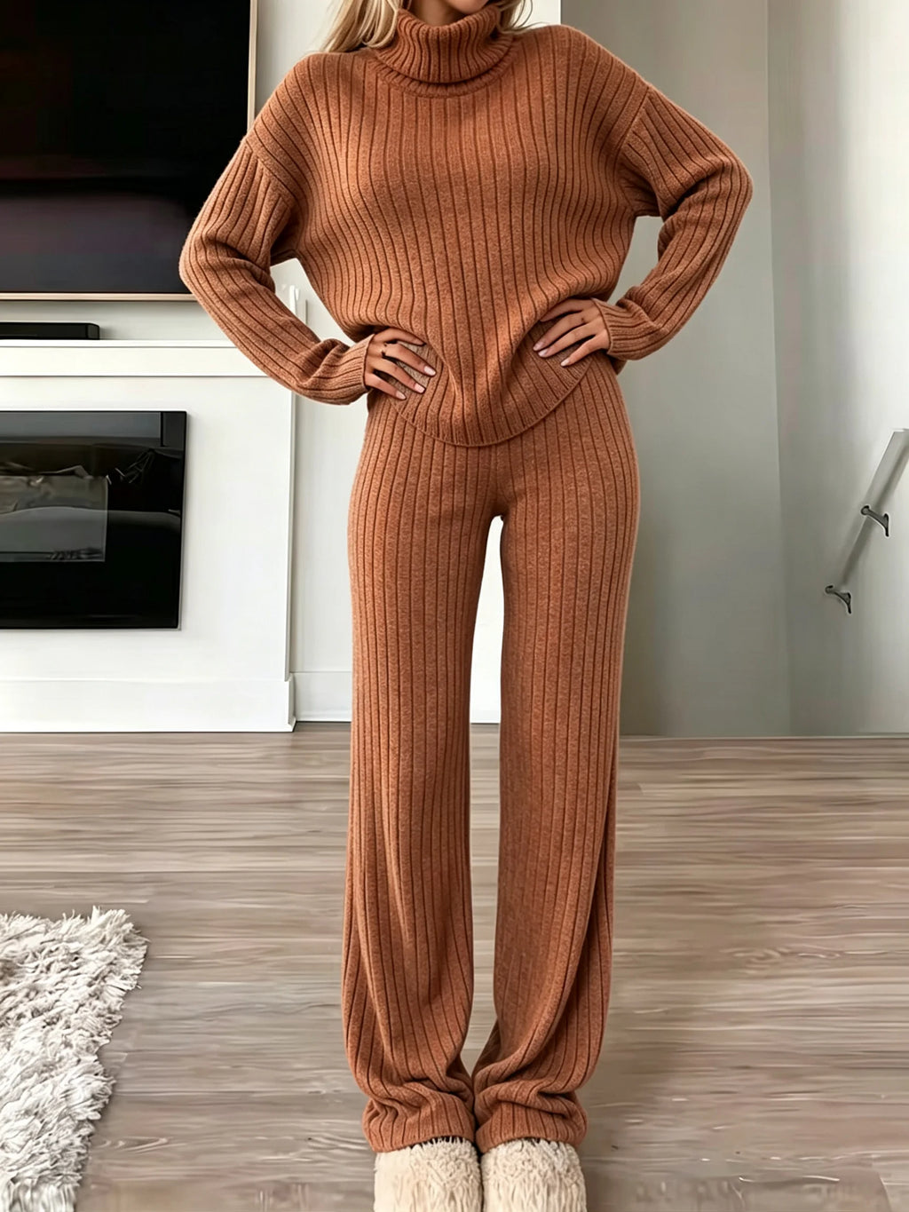 Women Ribbed Knit 2 Piece Outfit, Turtleneck Long Sleeve Sweater Top & High Waist Wide Leg Pants Set, Casual Loungewear Matching Sweatsuit For Daily Wear