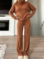 Women Ribbed Knit 2 Piece Outfit, Turtleneck Long Sleeve Sweater Top & High Waist Wide Leg Pants Set, Casual Loungewear Matching Sweatsuit For Daily Wear