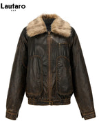 Lautaro Spring Autumn Cool Handsome Vintage Distressed Brown Pu Leather Jacket Women Faux Fur Collar Luxury Designer Clothing - Matrix Studios