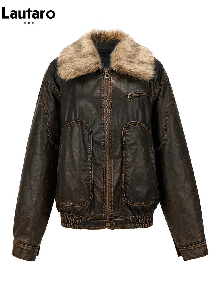 Lautaro Spring Autumn Cool Handsome Vintage Distressed Brown Pu Leather Jacket Women Faux Fur Collar Luxury Designer Clothing - Matrix Studios
