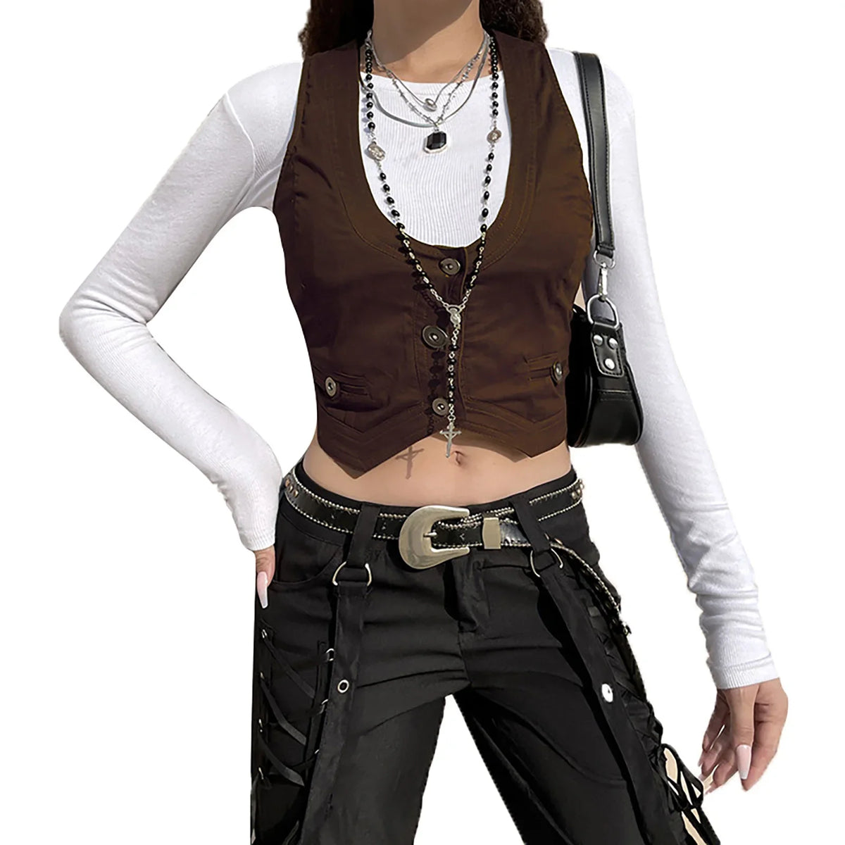 Combhasaki Y2K Vintage Women's Solid Color Irregular Hem Crop Vest Button-down U-shaped Neck Aesthetic Grunge Waistcoat Tops - Matrix Studios