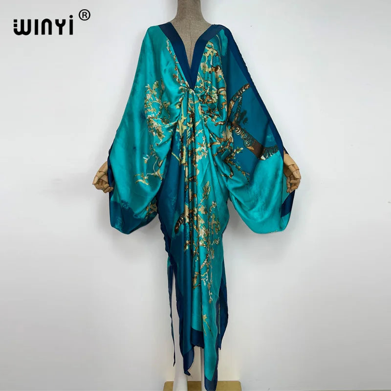 WINYI New Fashion Bohemian Deep V-neck Floral European For Lady Free Size Loose Batwing Holiday Beach Cover Up Party Kaftan Dres - Matrix Studios