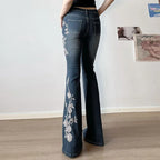 Retro Y2k Jeans Baggy Floral Embroidery Jeans Women Vintage 2000s Low Rise Flared Denim Pants High Street Basic Trousers - Matrix-studios.com