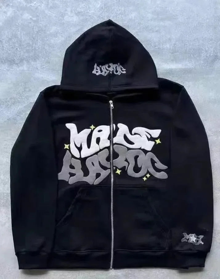 Zipper hooded sweatshirt with retro American letters suitable for men and women wearing Y2K jacket autumn/winter cardigan - Matrix Studios